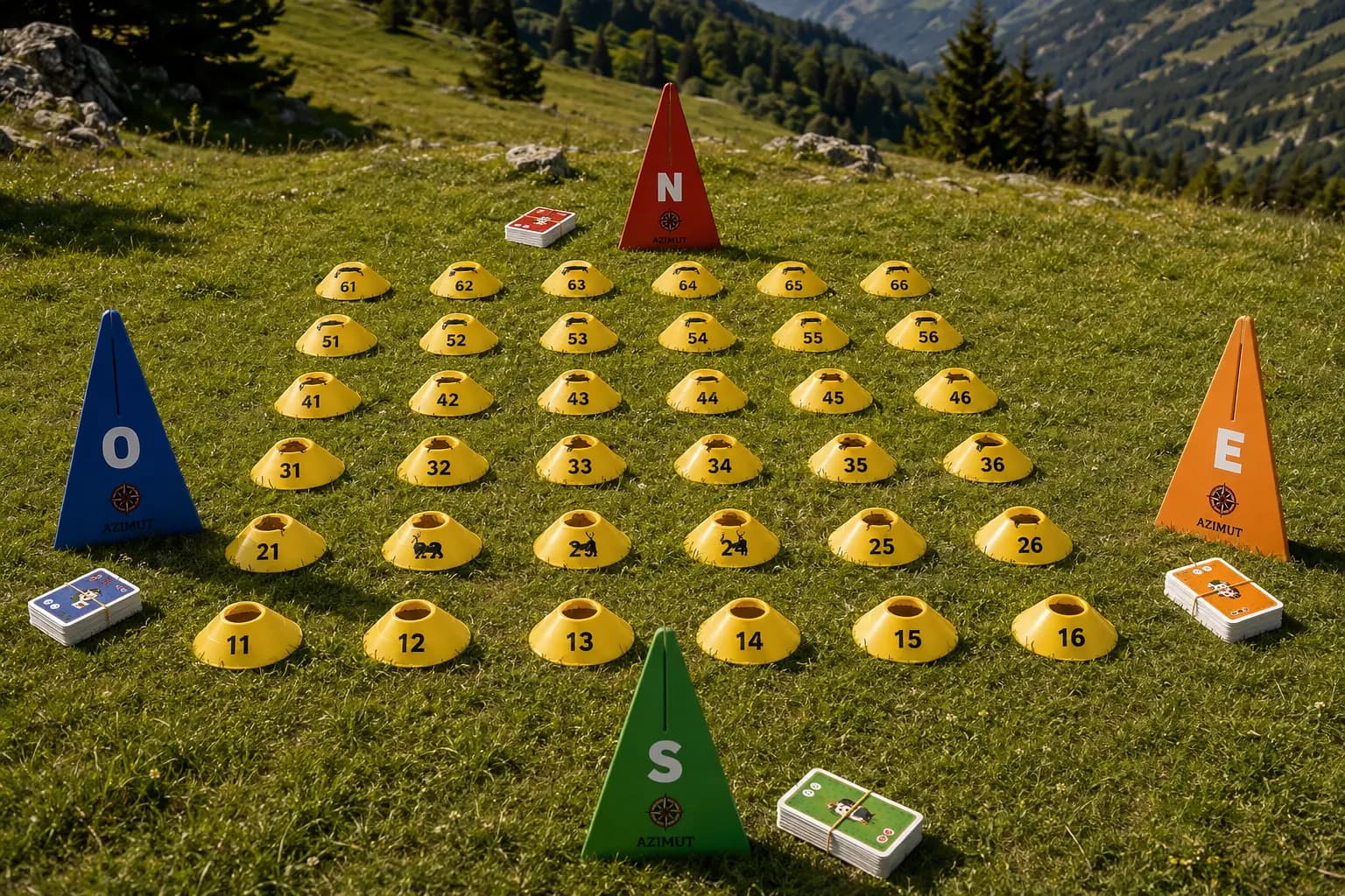 La grille d'Azimut XL vue de haut sur une pelouse : 36 balises jaunes numérotées de 11 à 66, les quatre triangles Nord, Sud, Est et Ouest autour du carré