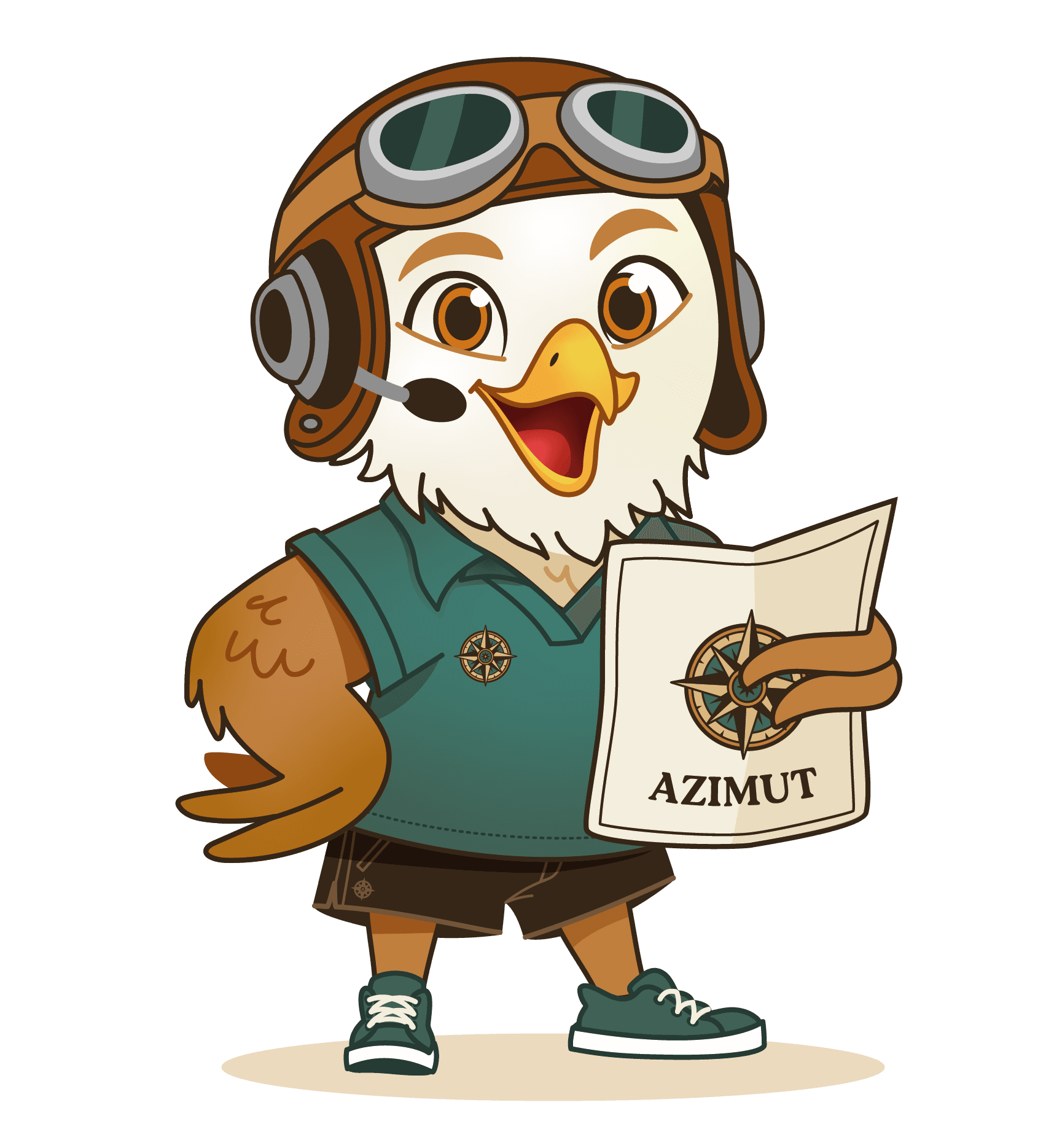 Azi, la mascotte d'Azimut Games : un aigle en casque d'aviateur, une carte à la main